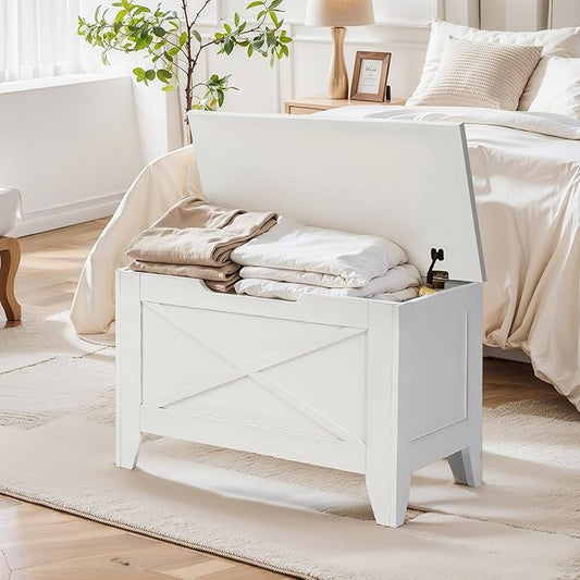 VECELO 30" Storage Chest with Lift Top Storage, Farmhouse Style Ottoman with Handwoven Wicker Cushion, Safety Hinges, Ideal for Entryway, Bedroom, Living Room, Ivory White