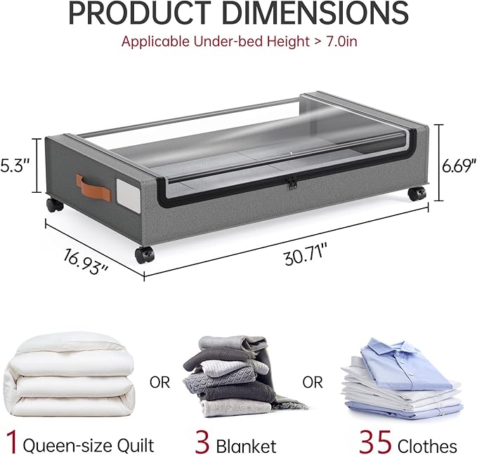 Yecaye Under Bed Storage with Wheels, 2 Pack Under Bed Storage Containers, Large Under Bed Rolling Storage with Clear Window & Label, Bedroom Storage Organizer for Clothes, Shoes,Toys, Books, Blankets