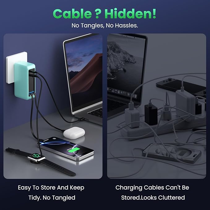 120W USB C Charger Block with 2 Built-in Retractable Cables,4-in-1 GaN IV Foldable Plug Wall Charger Fast Charging Station,PD 65W Laptop Adapter for MacBook/iPad,iPhone 16/15,Galaxy S24,Android-Green