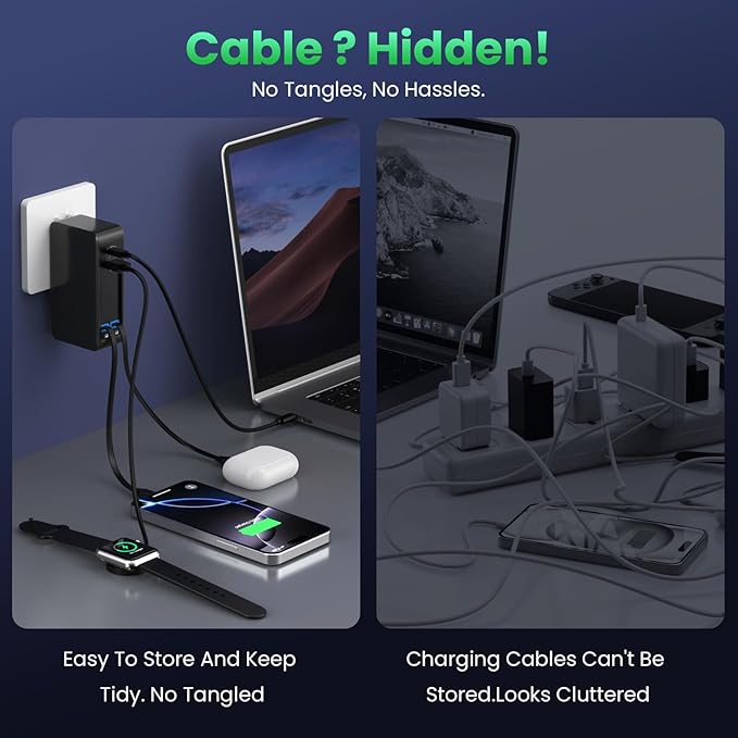 120W USB C Charger Block with 2 Built-in Retractable Cables,4-in-1 GaN IV Foldable Plug Wall Charger Fast Charging Station,PD 65W Laptop Adapter for MacBook/iPad,iPhone 16/15/14,Android (Black)