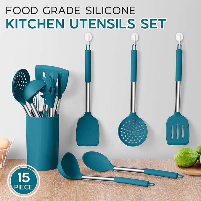 15pcs Kitchen Cooking Utensils Set with Holder, Onader Heat Resistant Silicone Kitchen Utensils Spatula Set with Stainless Steel Handle - Blue