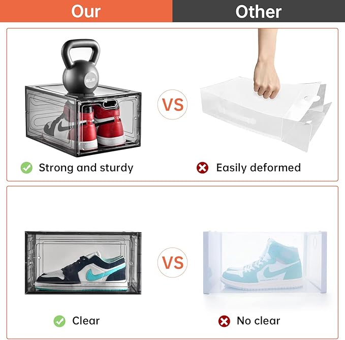 12 Pack Gray Transparent Shoe Storage Organizer, Stackable Shoe Boxes for Closet, Drop Front Plastic Shoe Box with Grey Door, Easy to Assemble, Fit up US Size 12(13.4”x 9.8”x 7.1”)