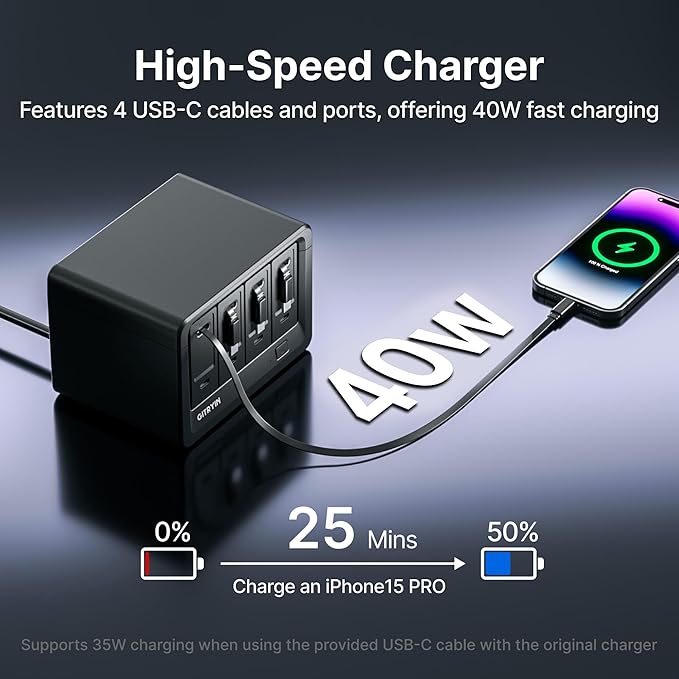 12-in-1 Desktop Charging Station with 4 Retractable Type-C Wall Chargers, 40W USB-C Power Strip with Flat Plug, Extension Cord with 1020J Surge Protection for Home Office