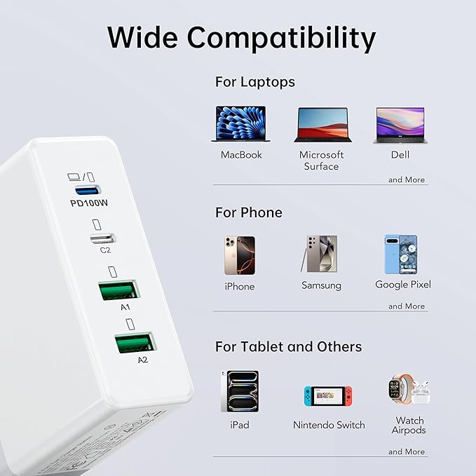 140W Mac Book Pro Charger,4 Port Flat Charging Station for Apple Type c Fast Wall Charger,USB C Port MacBook Pro &MacBook Air Adapter Plug Block for iPhone 16/15/14/13Pro Max, iPad, AirPods 4,Samsung