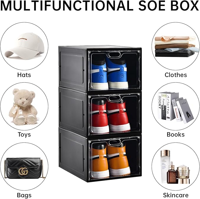 12 Pack Large Shoe Storage Box, Clear Shoe Storage Organizer with Magnetic Door, Stackable,Shoe Containers For Display Sneakers, Easy Assembly, Fit up to US Size 12, Black