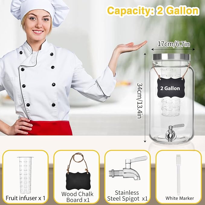 2 Gallon Glass Drink Dispenser, Drink Dispenser for Parties, Beverage Dispenser with Fruit Infuser, 100% Leakproof Spigot, Ideal for Lemonade, Juice, Iced Tea, Laundry Detergent Dispenser