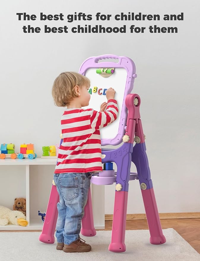 YOHOOLYO Kids Easel Standing Art Easel for Kids, Double Sided Children Pink Purple Easel Magnetic Chalkboard Whiteboard Dry Eraser Board Great Gift for Girls