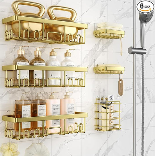 Veken Adhesive Shower Caddy 6-Pack,Gifts for Women Mom,Heavy Weight Bearing,Large Wall Mounted Bathroom Shelves Rack,Organizer Storage Accessories with Soap Dish&Toothbrush Holder,Bright Gold