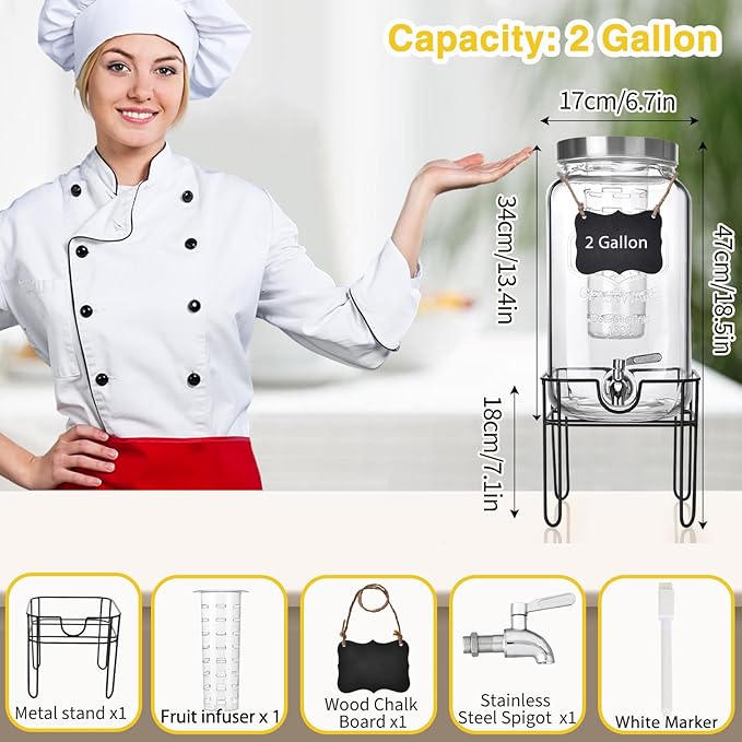 2 Gallon Glass Drink Dispenser, Drink Dispenser for Parties, Beverage Dispenser with Stand, Fruit Infuser, 100% Leakproof Spigot, Ideal for Lemonade, Juice, Iced Tea, Laundry Detergent Dispenser