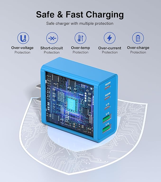 [60W/2Pack] Wall Charger, USB C Charger Block, 5-Port PD + QC 3.0 Fast Charging Power Plug Adapter Brick for Watch Series 10 9 8 7, for iPhone 16 15 14 13 Pro Max Airpod, Samsung Galaxy S24(Blue)