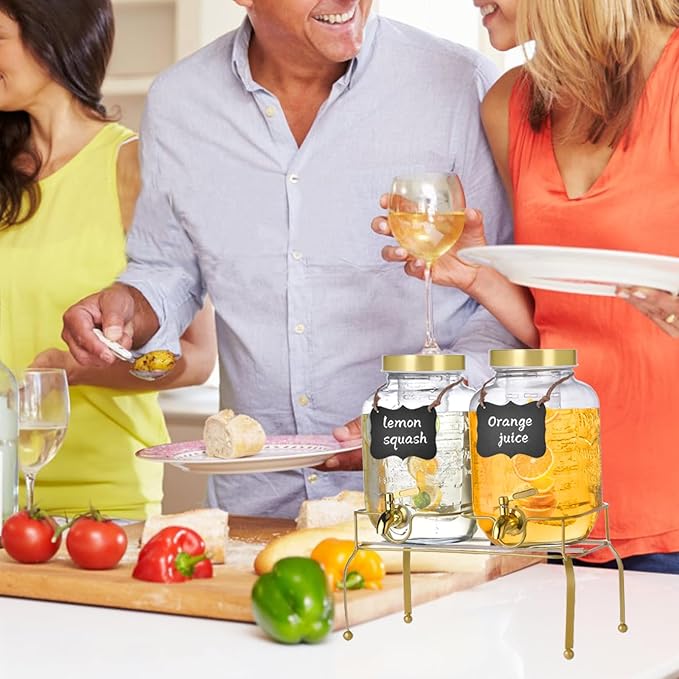 1 Gallon Glass Drink Dispenser Set of 2 – Drink Dispensers for Parties, Beverage Dispenser with Stand & 100% Leakproof Spigot, Ideal for Lemonade, Juice, Iced Tea, Laundry Detergent Dispenser