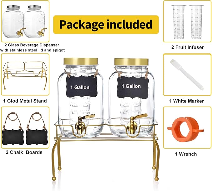 1 Gallon Glass Drink Dispenser Set of 2 – Drink Dispensers for Parties, Beverage Dispenser with Stand & 100% Leakproof Spigot, Ideal for Lemonade, Juice, Iced Tea, Laundry Detergent Dispenser