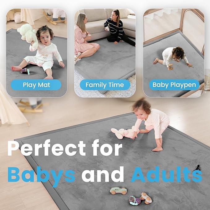 1.3" Thick Baby Play Mat for Floor, 79x79 Large Foam Tummy Time Mat, Padded Support Soft Plush Nursery Rug for Infant Kids Toddler Crawling Kick Activity (Dark Grey)