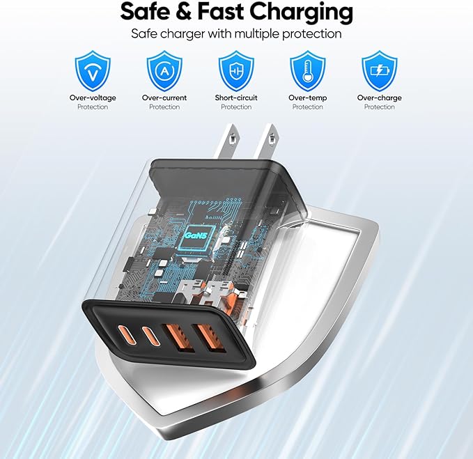 [2-Pack] USB C Wall Charger,80W 4-Port Type C Fast Charging Block,USBC Multiport Wall Plug PD&QC GaN Charging Cube with 6.6FT USB C Cable for iPhone 16/15/14/13/12/11/Pro Max/XS/XR, iPad, Samsung