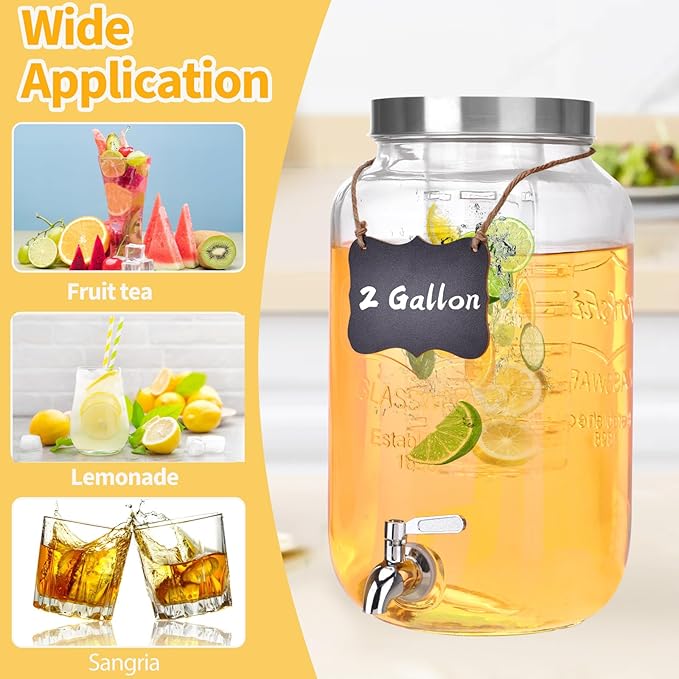 2 Gallon Glass Drink Dispenser, Drink Dispenser for Parties, Beverage Dispenser with Fruit Infuser, 100% Leakproof Spigot, Ideal for Lemonade, Juice, Iced Tea, Laundry Detergent Dispenser