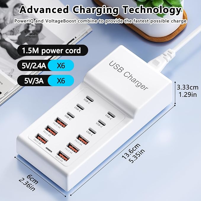 12-Port USB Charger 50W USB Charging Station, Fast Charger Hub for iPhone 15/14/13/12/Samsung/Tablet/Watch/Headphones/Laptop/Multiple Devices