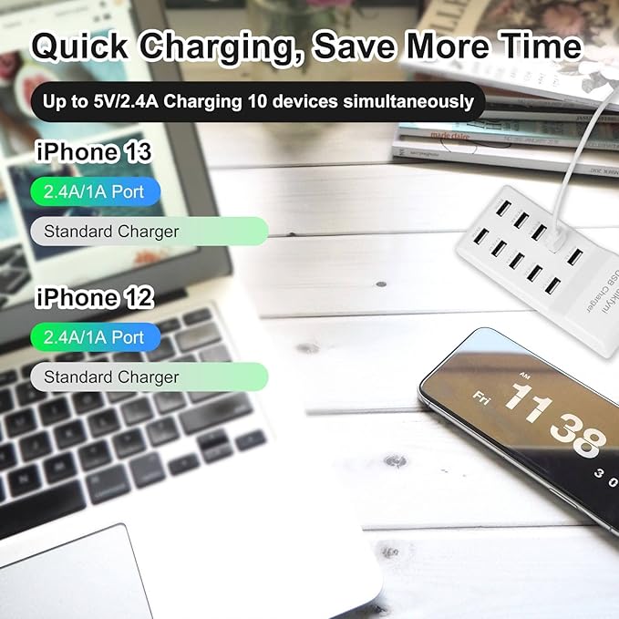 10-Port USB Charger Station, Smart Multiple Charging Block/USB Power Strip for Multiple Devices,Mobile Phones and iPads,Smart Watches Tablets (White)