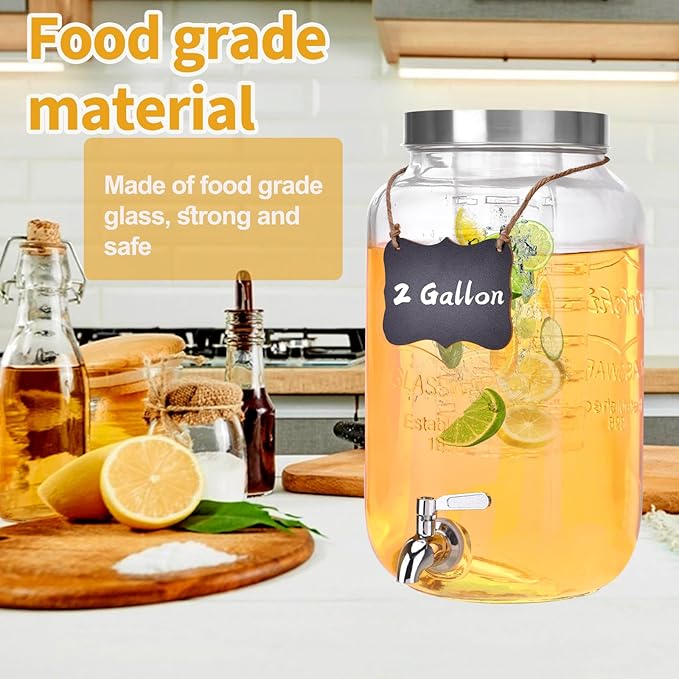 2 Gallon Glass Drink Dispenser, Drink Dispenser for Parties, Beverage Dispenser with Fruit Infuser, 100% Leakproof Spigot, Ideal for Lemonade, Juice, Iced Tea, Laundry Detergent Dispenser