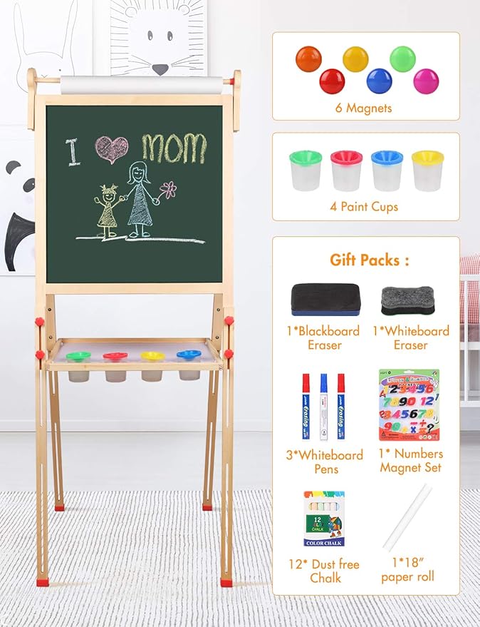 YOHOOLYO Kids Easel Wooden Children Art Easel Paper Roll,Double Sided Magnetic Whiteboard Chalkboard Dry Eraser Adjustable Height for Boys Girls Gifts