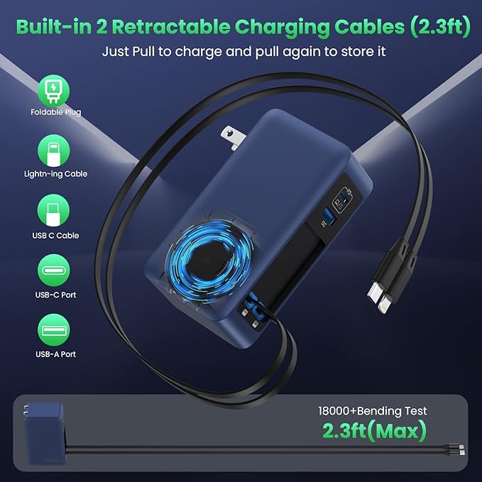 120W USB C Charger Block with 2 Built-in Retractable Cables,4-in-1 GaN IV Foldable Plug Wall Charger Fast Charging Station,PD 65W Laptop Adapter for MacBook/iPad,iPhone 16/15/14,Android (Dark Blue)