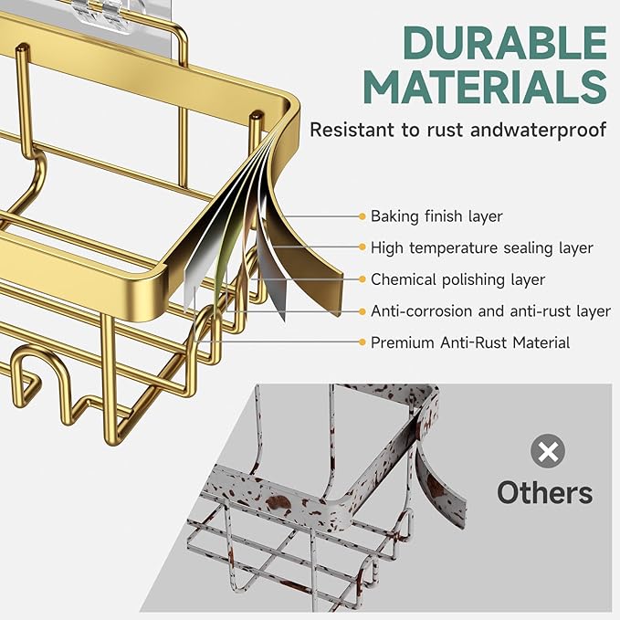 Veken Adhesive Shower Caddy 6-Pack,Gifts for Women Mom,Heavy Weight Bearing,Large Wall Mounted Bathroom Shelves Rack,Organizer Storage Accessories with Soap Dish&Toothbrush Holder,Bright Gold