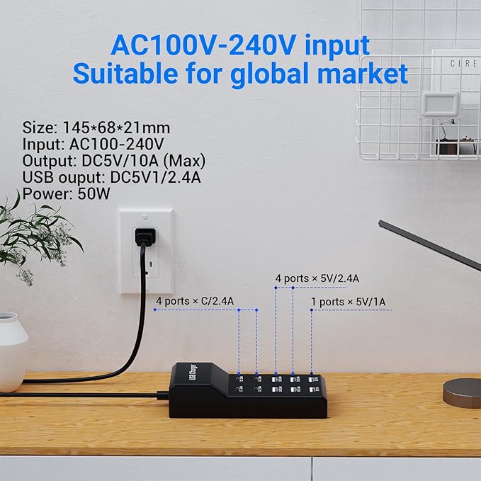 10-Port USB C Charger Block (6 USB-A Port & 4 USB-C Port), 50W10A Multiport Charger Hub for iPhone, Galaxy, iPad & More