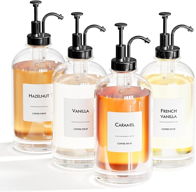 16.9 oz/500 ml Coffee Syrup Dispenser Set - 4 Glass Bottles with Black Pumper and Syrup Labels - Precise Dispensing and Stylish Addition to Coffee Shop, Cafe or Home Bar