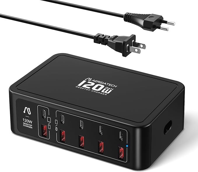 10-Ports USB C Charging Station, 120W Travel USB Power Strip with EU European Plug and US Plug, Multiport Charging Hub for iPhone 15/14/13/12, iPad Air/Pro, Galaxy -Black