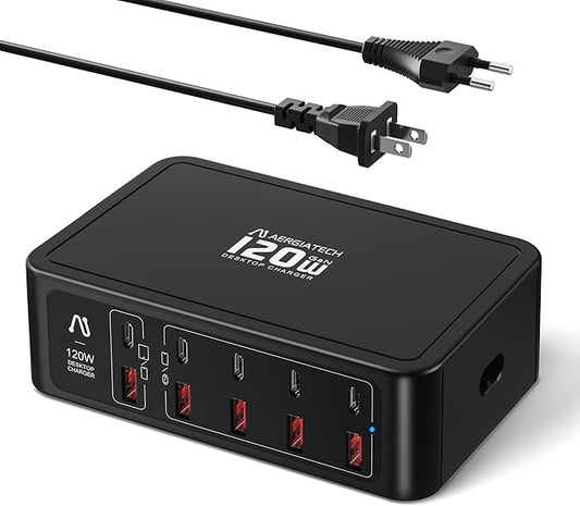 10-Ports USB C Charging Station, 120W Travel USB Power Strip with EU European Plug and US Plug, Multiport Charging Hub for iPhone 15/14/13/12, iPad Air/Pro, Galaxy -Black
