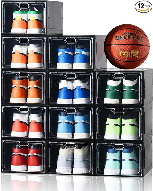 12 Pack Large Shoe Storage Box, Clear Shoe Storage Organizer with Magnetic Door, Stackable,Shoe Containers For Display Sneakers, Easy Assembly, Fit up to US Size 12, Black