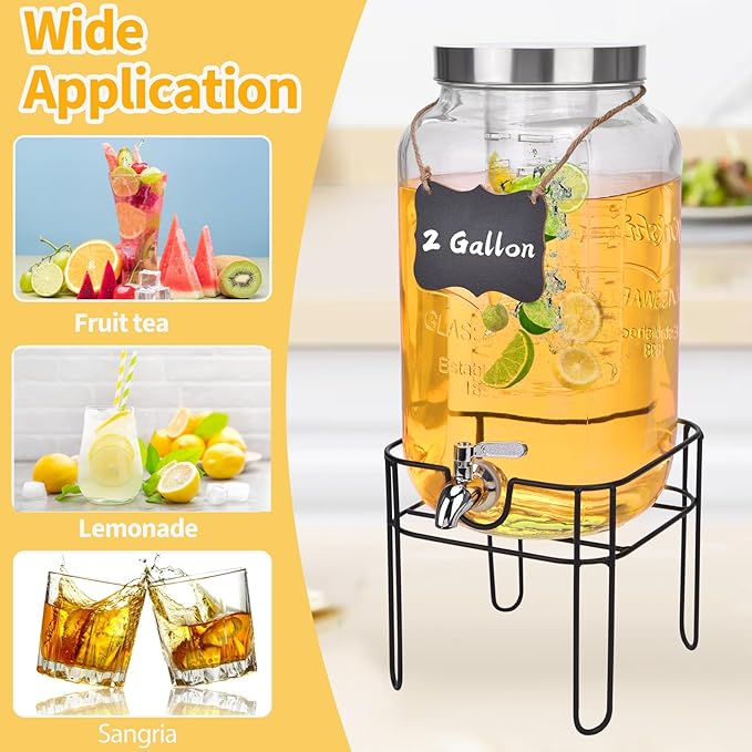2 Gallon Glass Drink Dispenser, Drink Dispenser for Parties, Beverage Dispenser with Stand, Fruit Infuser, 100% Leakproof Spigot, Ideal for Lemonade, Juice, Iced Tea, Laundry Detergent Dispenser