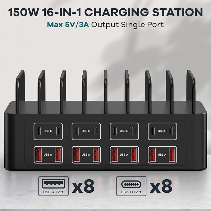 150W/35A Charging Station for Multiple Devices, RUANSZZ 16 Port USB~C Fast Charging Station, Multiple Charger Organizer Compatible with Cell Phone, iPad, Kindle, Tablet and Other Electronic