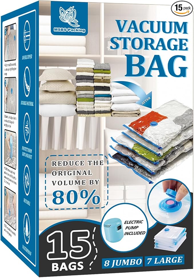 15 Pack Vacuum Storage Bags with Electric Pump, Space Saver Bags (8 Jumbo/7 Large) Compression for Comforters and Blankets, Sealer Clothes Storage Travel Essentials