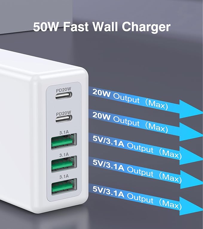 [2-Pack] 50W USB C Wall Charger Block,5-Port Type C Fast Charging Brick Cube Dual PD Power Adapter&QC Multiport Wall Plug Adapter for iPhone 16 15 Pro Max,AirPods 4,iPad,Samsung,Watch10,Ultra2