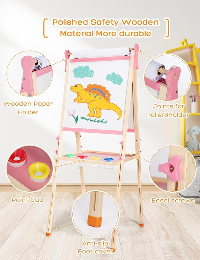 YOHOOLYO Kids Easel Wooden Children Art Easel Paper Roll,Double Sided Magnetic Whiteboard Chalkboard Dry Eraser Adjustable Height for Boys Girls Gifts
