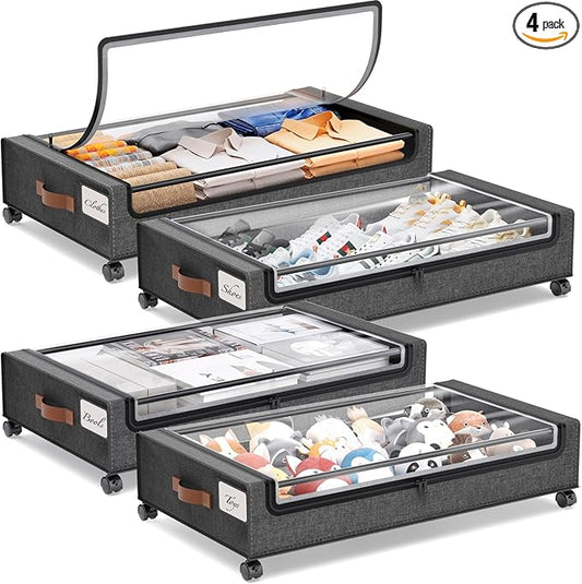 Yecaye Under Bed Storage with Wheels, 4 Pack 60L Under Bed Rolling Storage with Clear Window & Label, Underbed Storage Containers, Rolling Under Bed Metal Drawer for Clothes, Shoes, Toys, Books