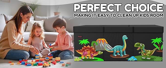 XL Dinosaur Toy Box - Foldable & Collapsible Cardboard Toy Chest Storage, Cute Dinosaur Design - Extra Large Organizer with Lid, Kids Storage with Removable Dividers & Mesh Pocket - Black
