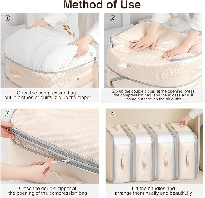 1 Pack Compression Storage Bags - 110L Large Capacity Comforter Storage Bag, 3-Layer Washable Ultra Space Saving Self Compression Organizer Space Bags for Blankets, Sweaters, Sheets, Beige