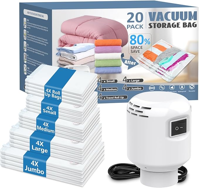 ZXA Vacuum Storage Bag with Electric Air Pump, 20 Pack (4 Jumbo, 4 Large, 4 Medium, 4 Small, 4 Roll Up Bags) Vacuum Seal Bags for Clothing, Pillows, Blanket, Duvets, Comforters, Travel