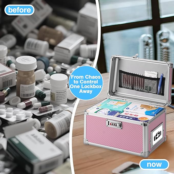 15 x 8.7 x 10 Inch Lockable Storage Box with Combination Lock, Portable Safe for Documents, Medicine, Cash & Valuables, Medicine Lock Box with Label Slot for Home, Office & Travel - Pink