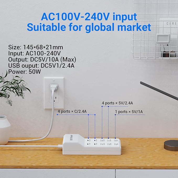 10-Port USB C Charger Block (6 USB-A Port & 4 USB-C Port), 50W10A Multiport Charger Hub for iPhone, Galaxy, iPad & More