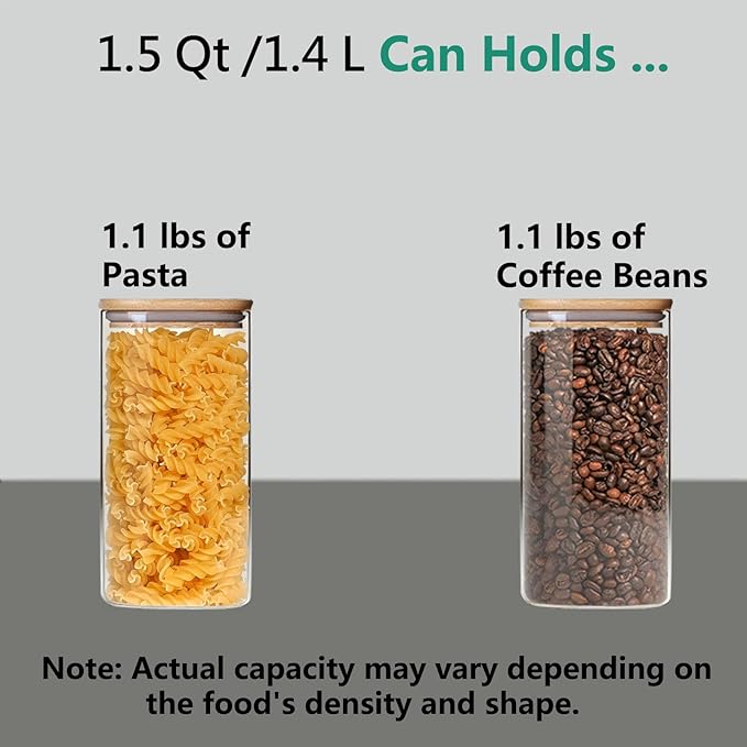 1.5 Qt Round Glass Storage Containers with Lids, Clear Food Storage Container Jar with Sealing Bamboo Lid for Noodles Flour Cereal Rice Sugar Tea Coffee Beans, Round Set of 3