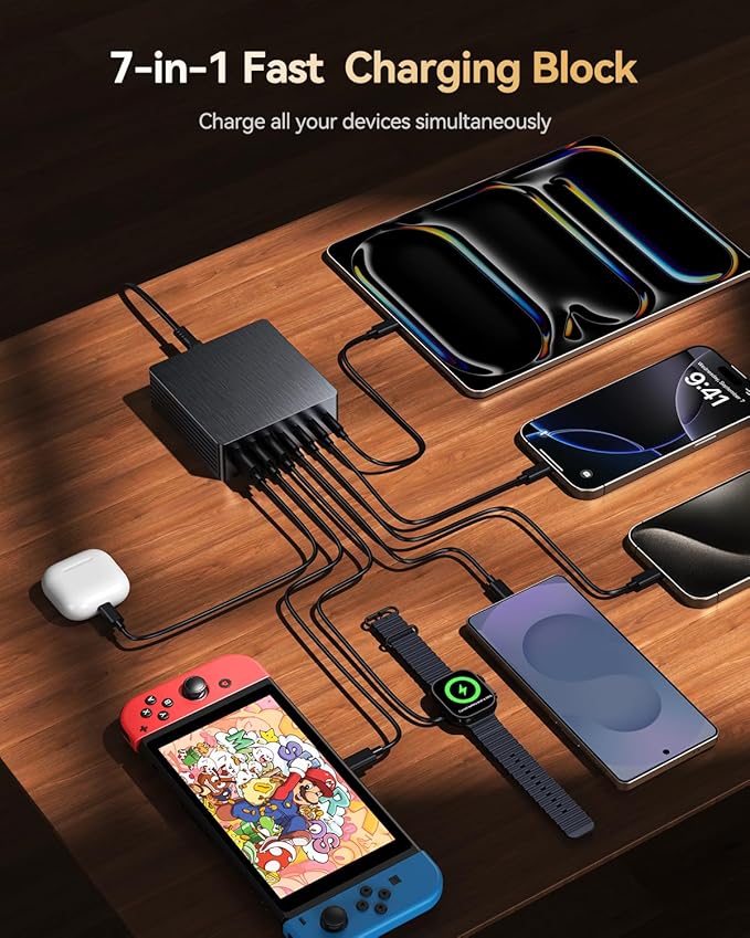 140W USB C Charger Block, GaN III 7 Port Fast Charging Station, PD 3.0 USB Wall Charger for Multiple Devices, Portable Power Strip Laptop Charging Hub Travel Adapter for iPad iPhone Samsung Android