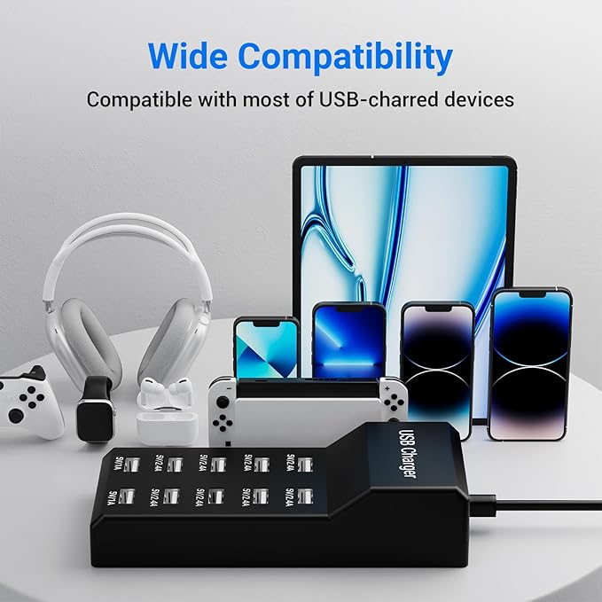 10-Port USB Charger Station, 50W10A Multiport Charger Hub for iPhone, Galaxy, iPad & More