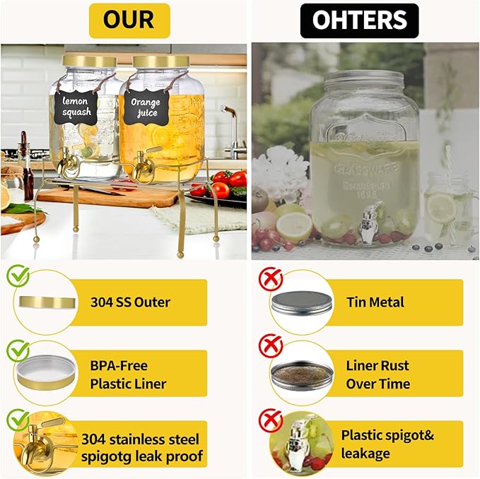 1 Gallon Glass Drink Dispenser Set of 2 – Drink Dispensers for Parties, Beverage Dispenser with Stand & 100% Leakproof Spigot, Ideal for Lemonade, Juice, Iced Tea, Laundry Detergent Dispenser