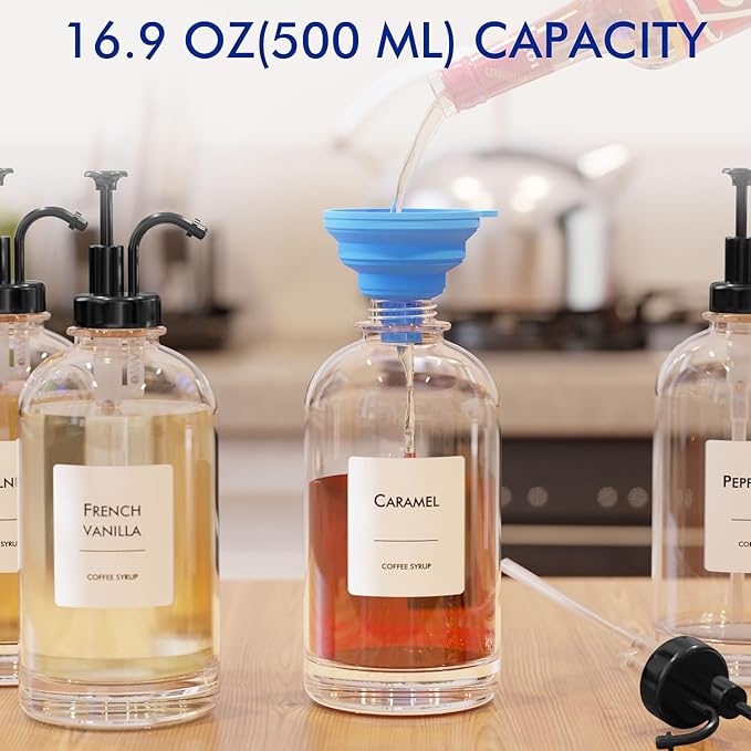 16.9 oz/500 ml Coffee Syrup Dispenser Set - 2 Glass Bottles with Black Pumper and Syrup Labels - Precise Dispensing and Stylish Addition to Coffee Shop, Cafe or Home Bar