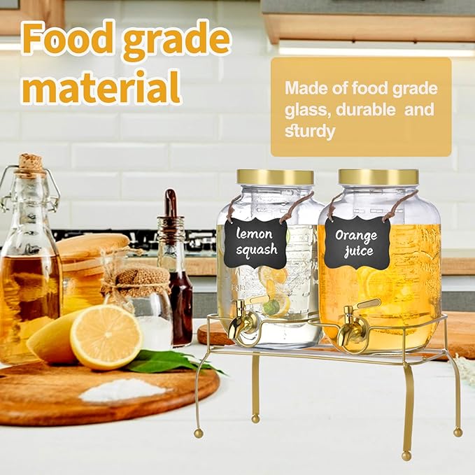 1 Gallon Glass Drink Dispenser Set of 2 – Drink Dispensers for Parties, Beverage Dispenser with Stand & 100% Leakproof Spigot, Ideal for Lemonade, Juice, Iced Tea, Laundry Detergent Dispenser