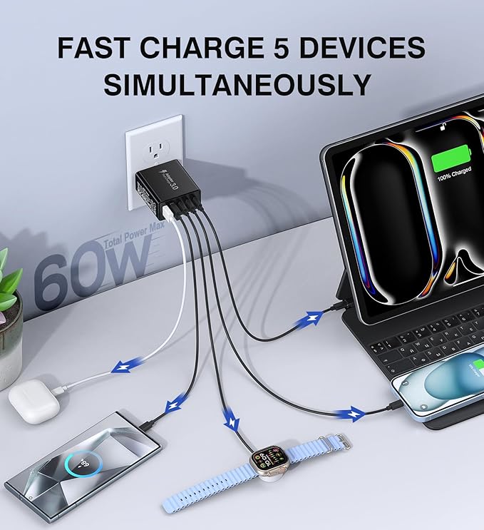 [2-Pack] USB C Wall Charger, 60W Type C Charger Block 5-Port Fast Charging Blocks,3USB C+2USB A Multiport Plug,PD Power Adapter Brick Cube for iPhone 16/15/14/13/12/Pro,iPad,Samsung,for Switch（Black）