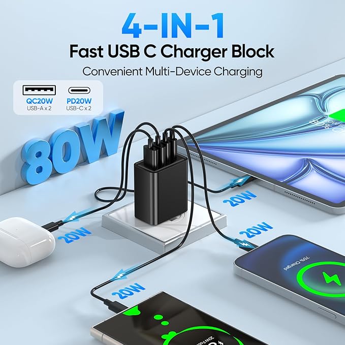 [2-Pack] USB C Wall Charger,80W 4-Port Type C Fast Charging Block,USBC Multiport Wall Plug PD&QC GaN Charging Cube with 6.6FT USB C Cable for iPhone 16/15/14/13/12/11/Pro Max/XS/XR, iPad, Samsung