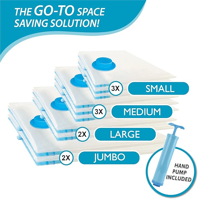 10 Pack Vacuum Storage Bags, Space Saver Bags (2 Jumbo/2 Large/3 Medium/3 Small) Compression Storage Bags for Comforters and Blankets, Vacuum Sealer Bags for Clothes Storage, Hand Pump Included